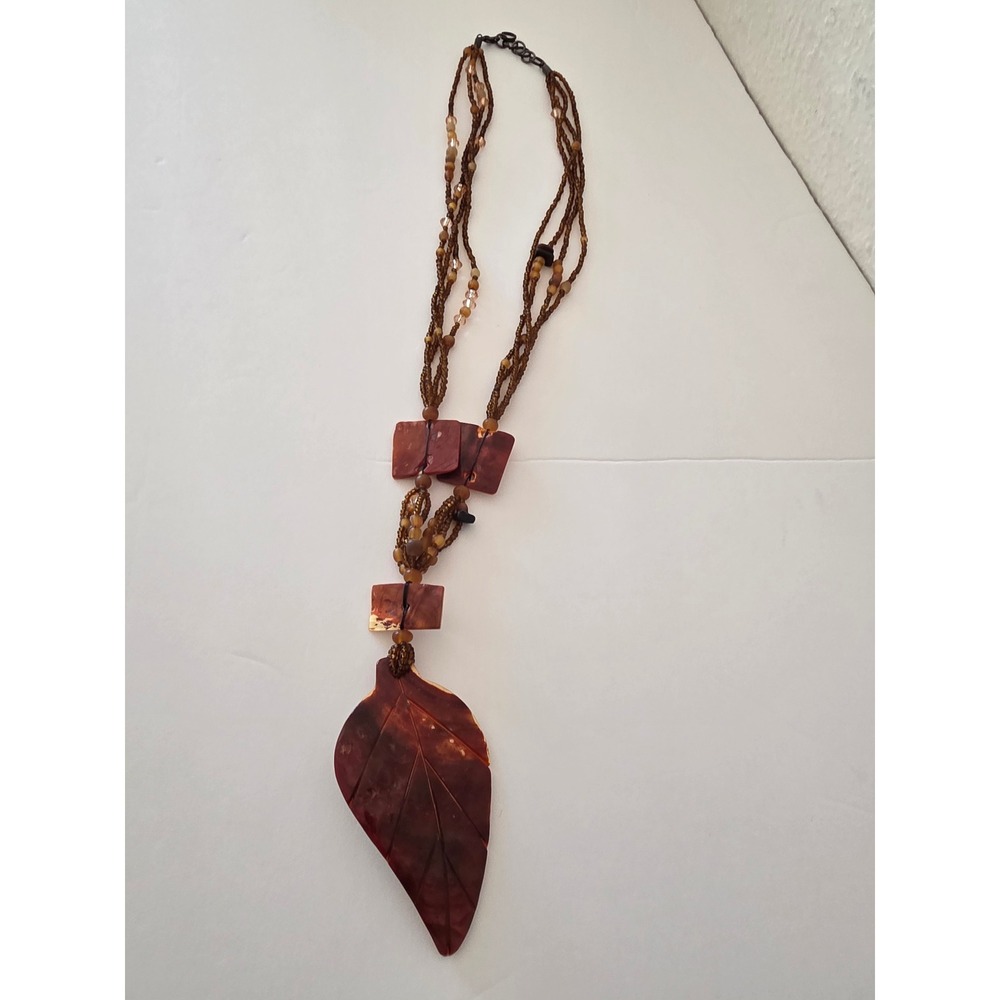 Boho Multi-Strand Beaded Necklace Carved Leaf Shell Pendant Brown Statement - Picture 2 of 5